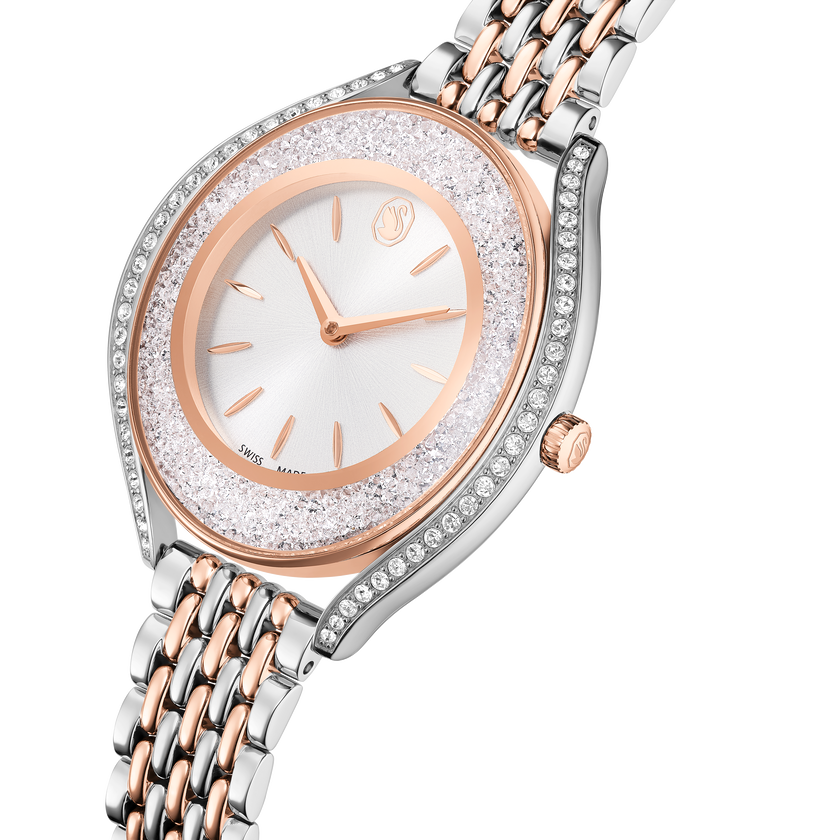 swarovski crystalline aura watch  swiss made  metal bracelet  rose gold tone  mixed metal finish