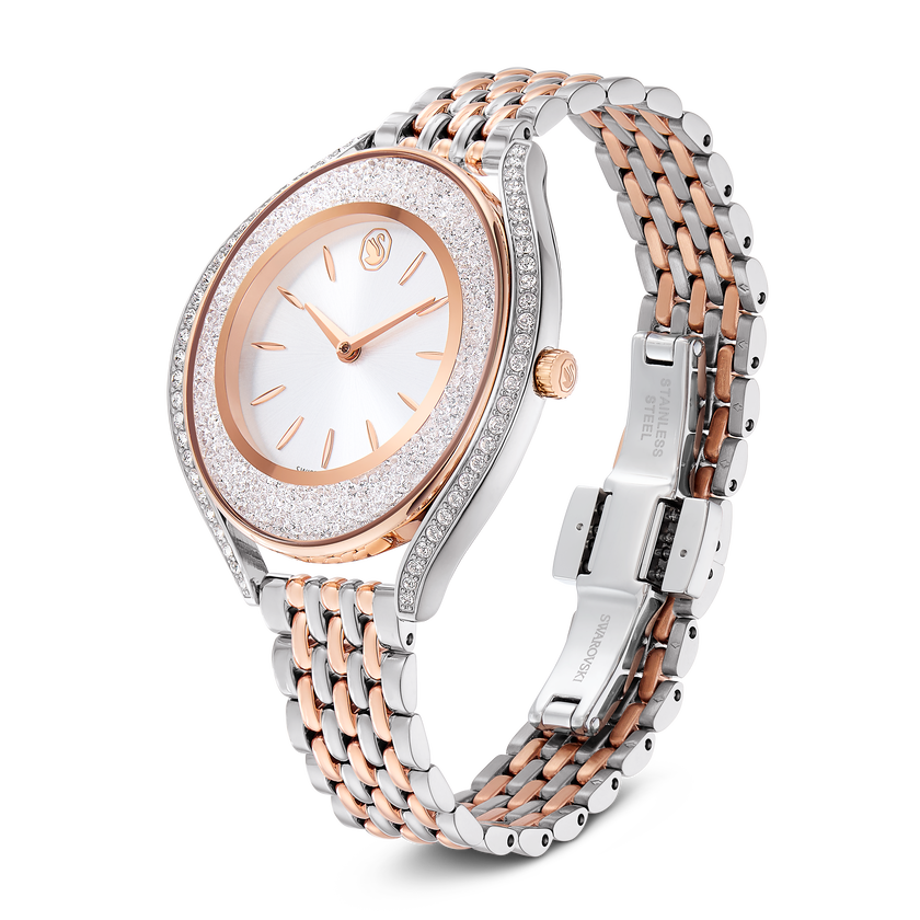 swarovski crystalline aura watch  swiss made  metal bracelet  rose gold tone  mixed metal finish