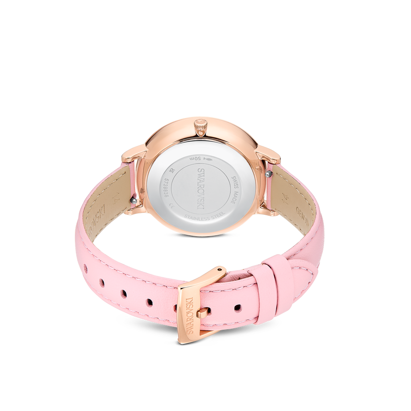 swarovski teddy watch  swiss made  leather strap  pink  rose gold tone finish