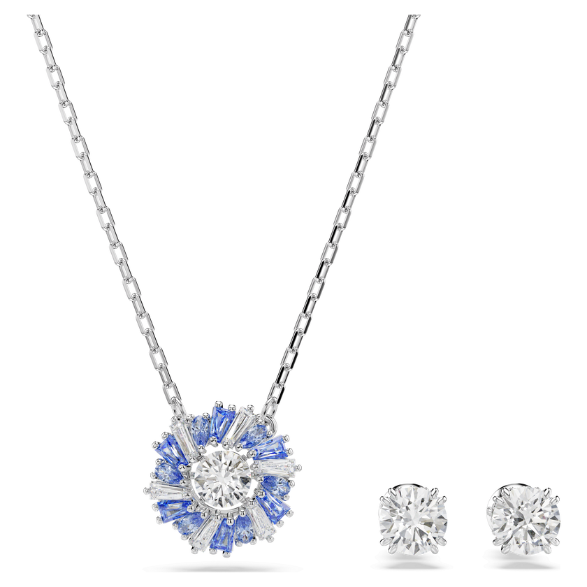 Idyllia set, Mixed cuts, Flower, Blue, Rhodium plated | Swarovski Qatar