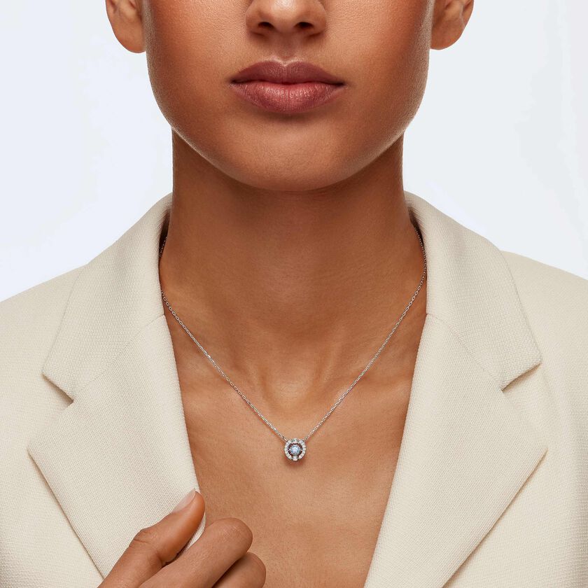 swarovski una necklace  round cut  blue  rhodium plated