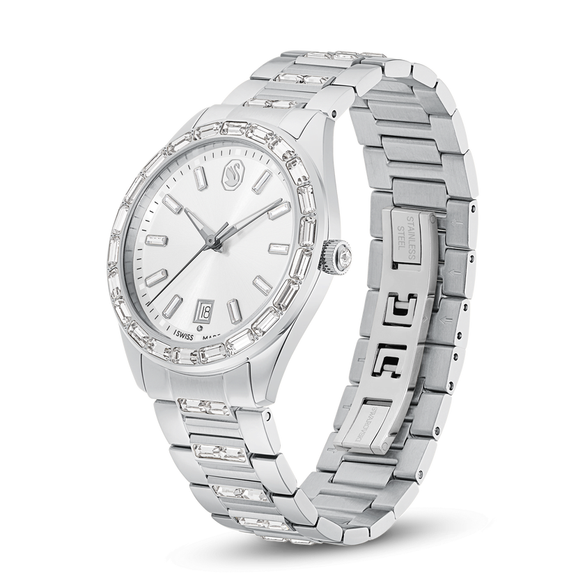swarovski matrix date watch  swiss made  metal bracelet  silver tone  stainless steel