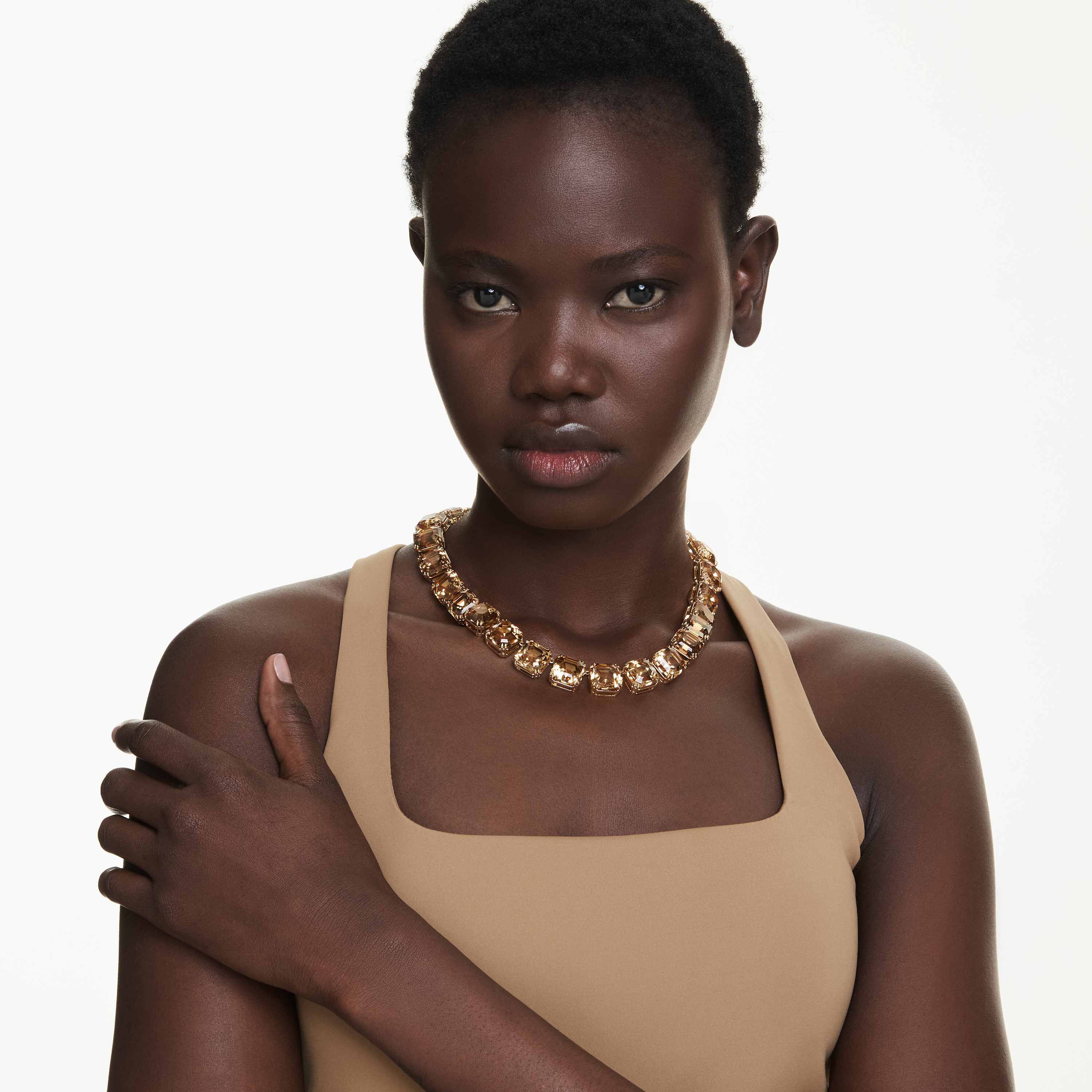 swarovski millenia tennis necklace  octagon cut  caramel  gold tone plated