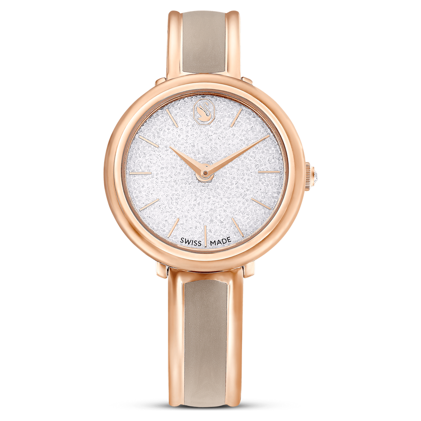 swarovski crystalline bangle watch  swiss made  metal bracelet  beige  rose gold tone finish