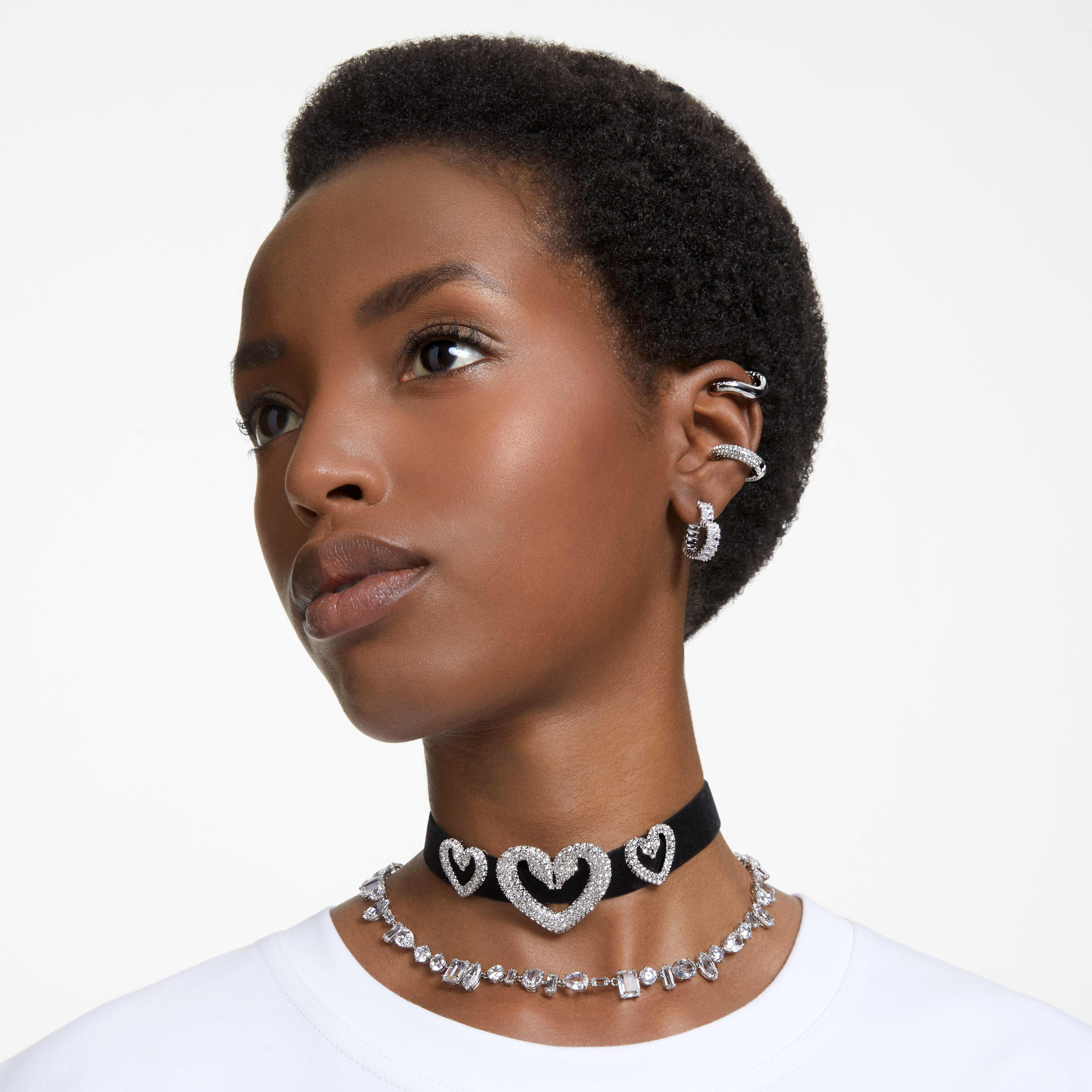 swarovski matrix hoop earrings  heart  small  white  rhodium plated