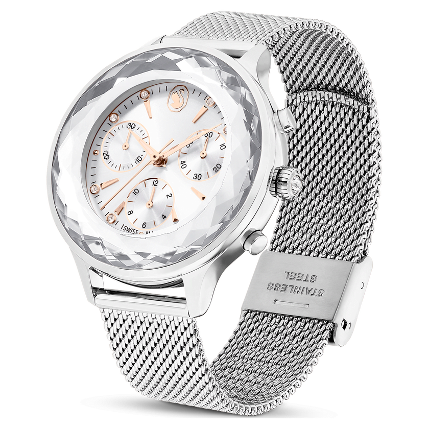 swarovski nova chrono watch  swiss made  metal bracelet  silver tone  stainless steel