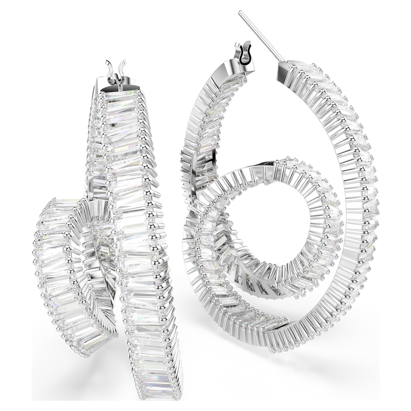 swarovski matrix hoop earrings  baguette cut  ribbon  white  rhodium plated