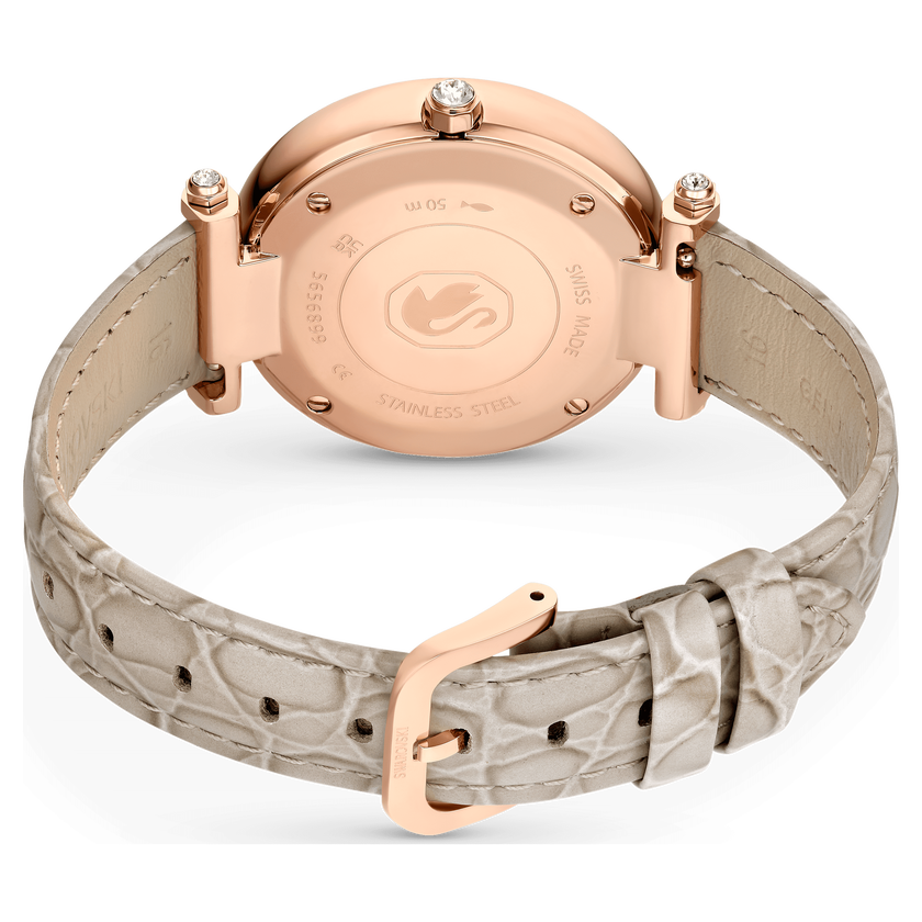 swarovski crystalline wonder watch  swiss made  leather strap  beige  rose gold tone finish