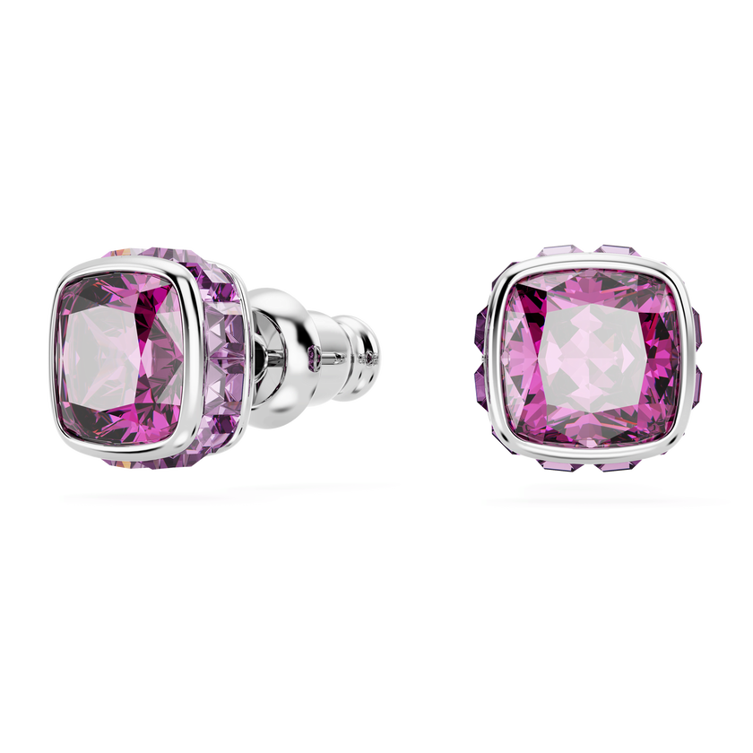 swarovski birthstone stud earrings  square cut  february  purple  rhodium plated