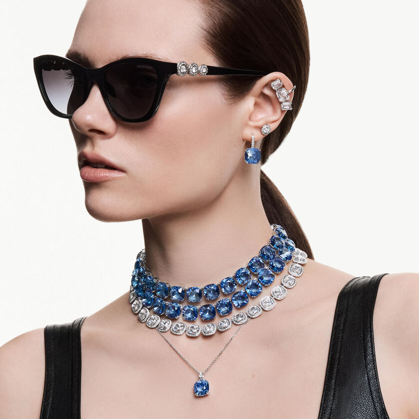 swarovski millenia drop earrings  cushion cut  blue  rhodium plated