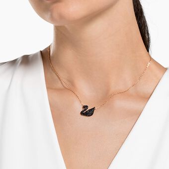 swarovski swan pendant  swan  black  18k rose gold finish