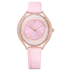 swarovski crystalline aura watch  swiss made  leather strap  pink  rose gold tone finish