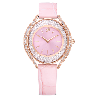 swarovski crystalline aura watch  swiss made  leather strap  pink  rose gold tone finish
