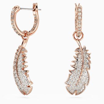 Nice drop earrings, Feather, White, Rose gold-tone plated