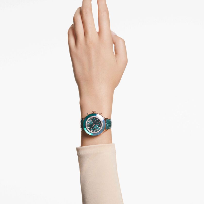 swarovski octea chrono watch  swiss made  leather strap  green  rose gold tone finish