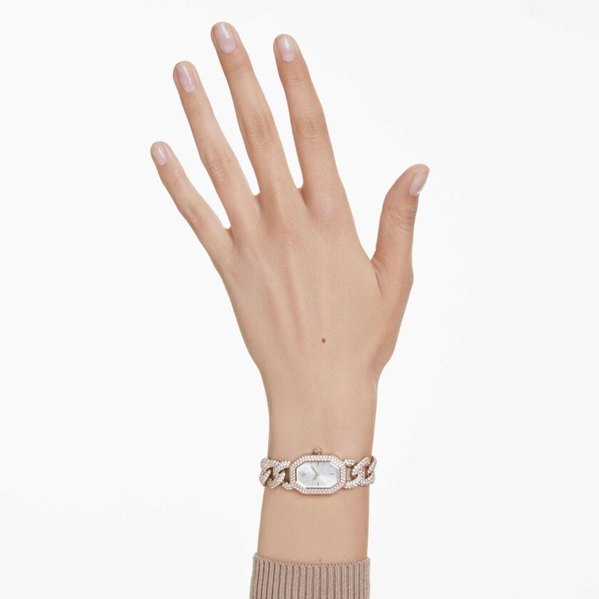 swarovski dextera chain watch  swiss made  crystal bracelet  white  champagne gold tone finish