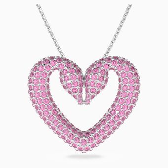 Una pendant, Heart, Medium, Pink, Rhodium plated