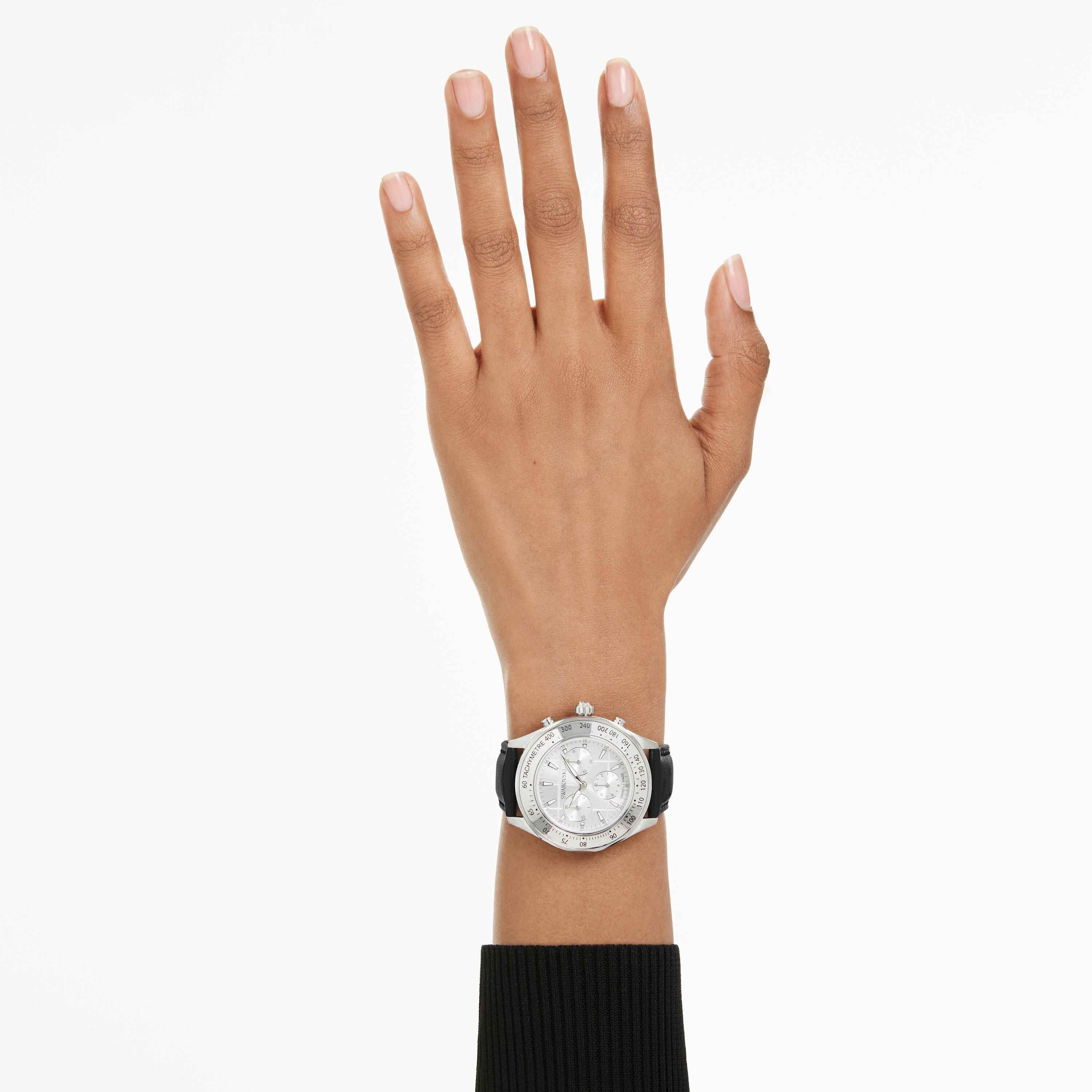 swarovski dextera tachymetre watch  swiss made  leather strap  silver tone  stainless steel