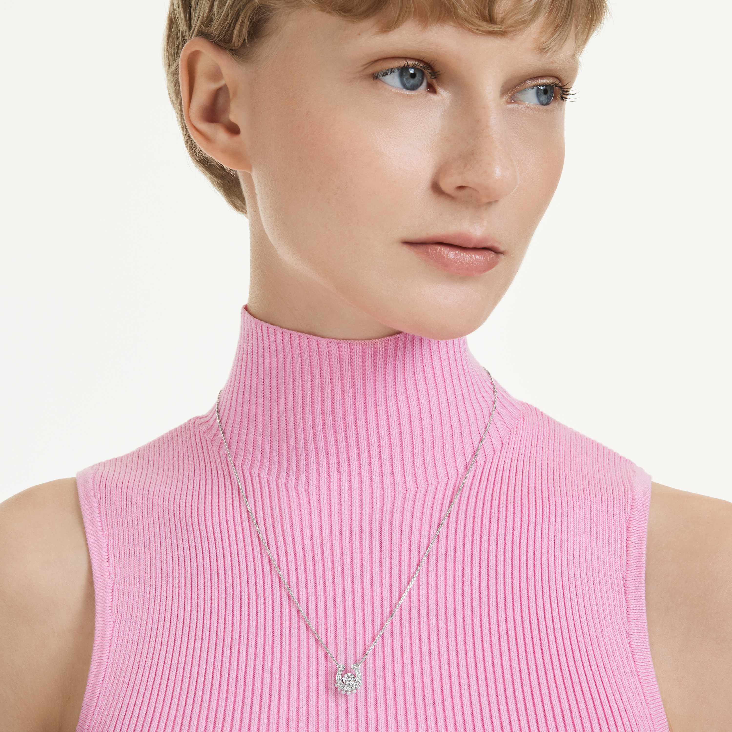 swarovski symbolica pendant  crystal pearl  round cut  pav   horse shoe  white  rhodium plated