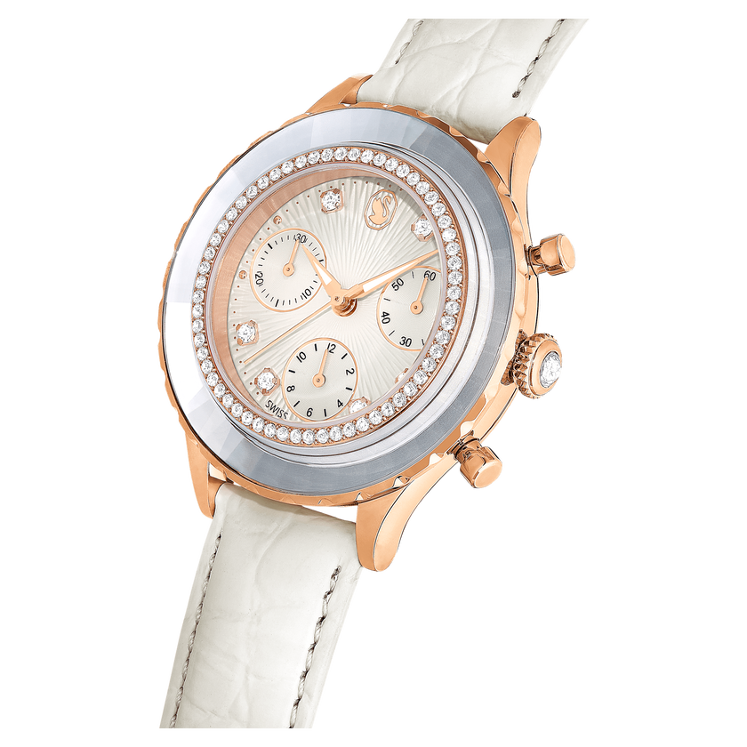 swarovski octea chrono watch  swiss made  leather strap  white  rose gold tone finish
