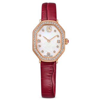 swarovski dextera octagon watch  swiss made  leather strap  red  rose gold tone finish