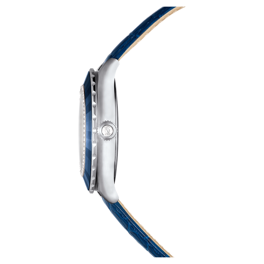 swarovski octea moon watch  swiss made  moon  leather strap  blue  stainless steel