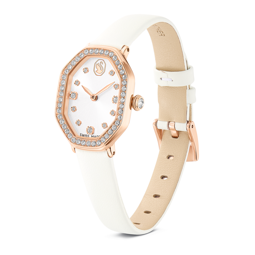 swarovski dextera octagon watch  swiss made  leather strap  white  rose gold tone finish