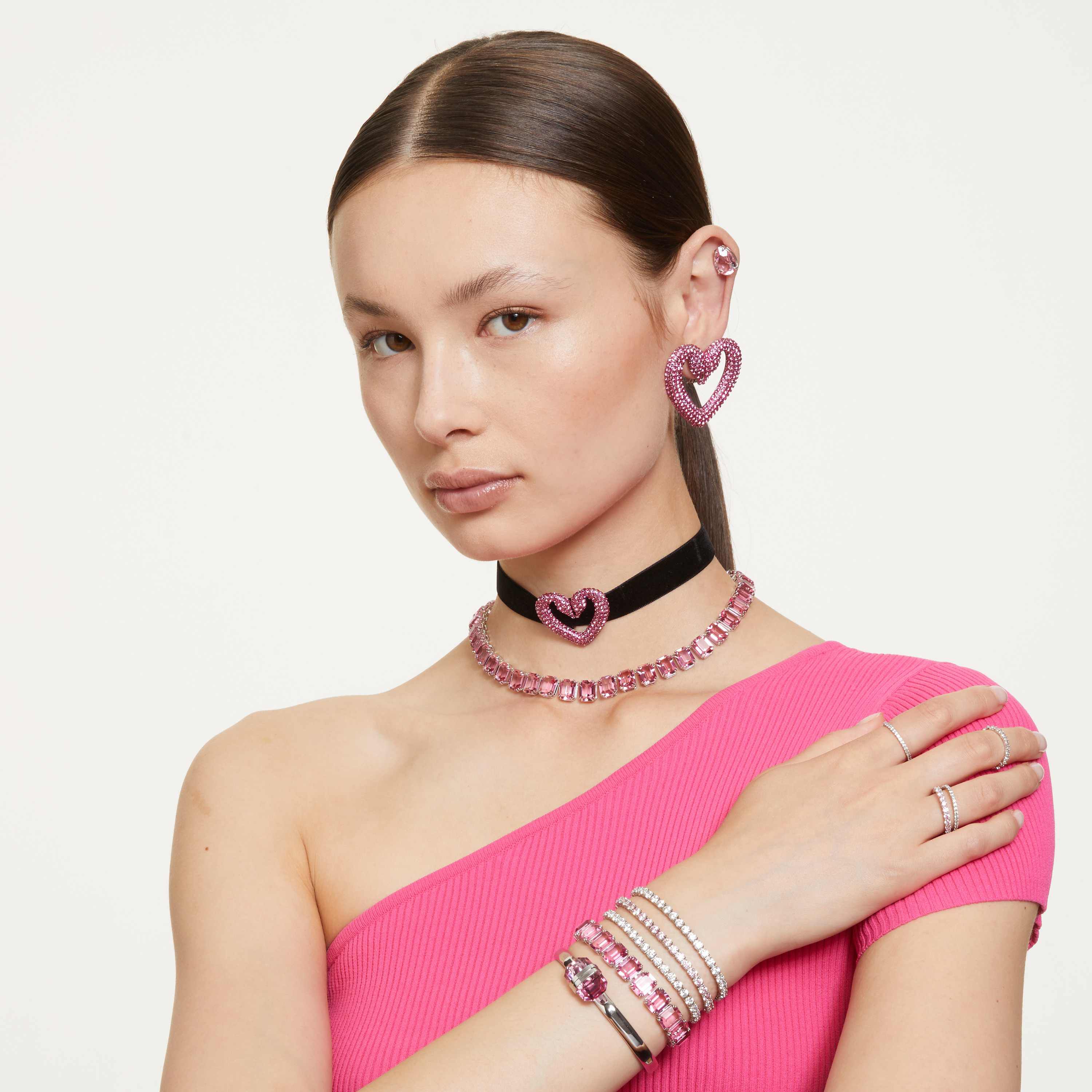 swarovski matrix tennis bracelet  round cut  pink  rhodium plated