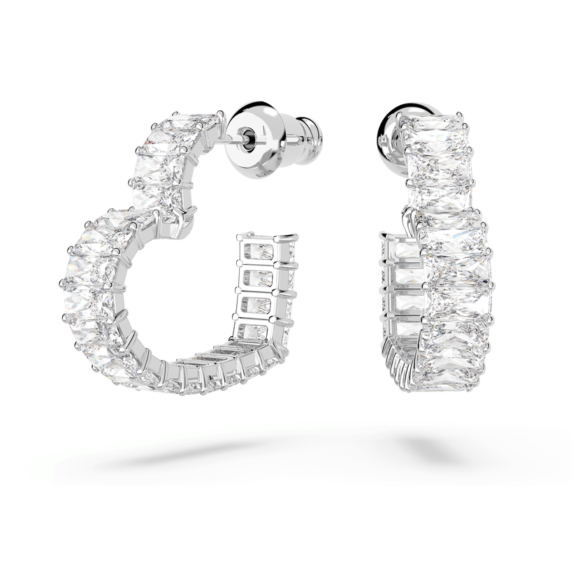 swarovski matrix hoop earrings  baguette cut  heart  small  white  rhodium plated