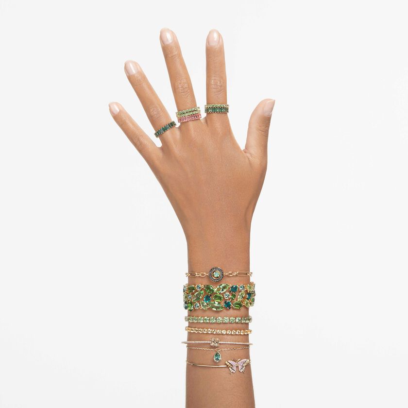 swarovski matrix tennis bracelet  round cut  green  gold tone plated