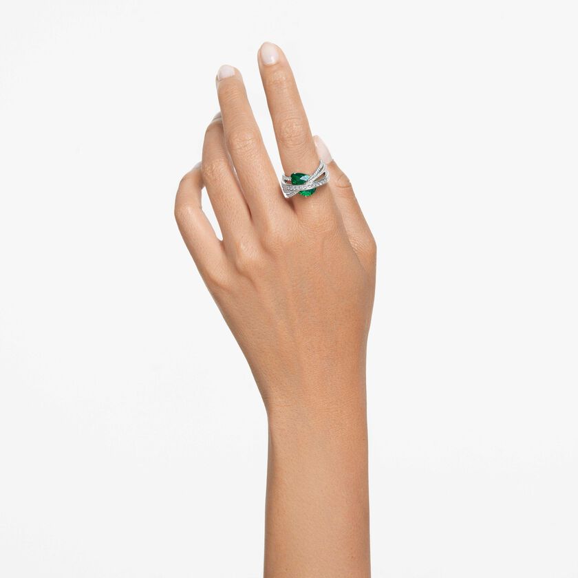 swarovski hyperbola cocktail ring  carbon neutral zirconia  mixed cuts  four bands  green  rhodium plated