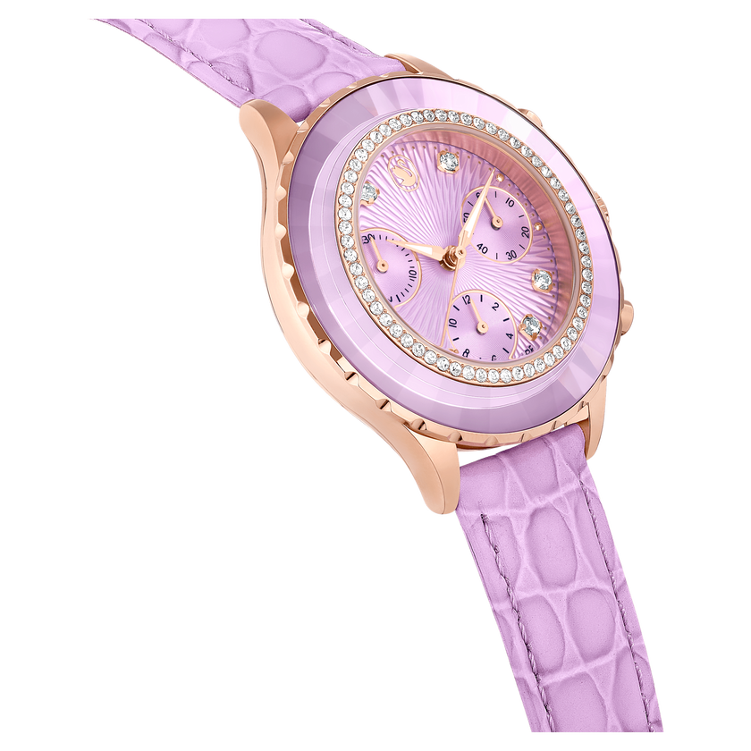 swarovski octea chrono watch  swiss made  leather strap  purple  rose gold tone finish