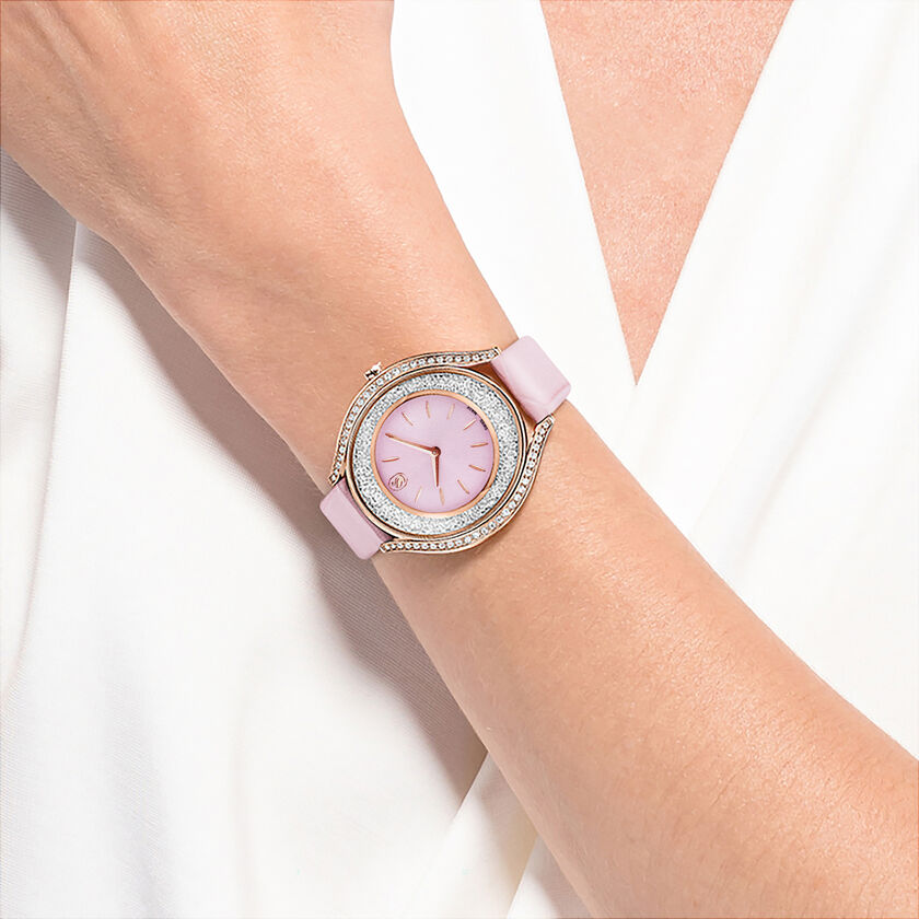 swarovski crystalline aura watch  swiss made  leather strap  pink  rose gold tone finish