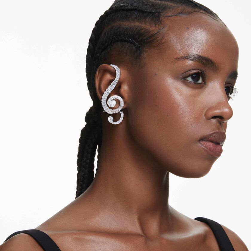 ariana grande x swarovski clip earrings  asymmetrical design  crystal pearl  baguette cut  white  rhodium plated