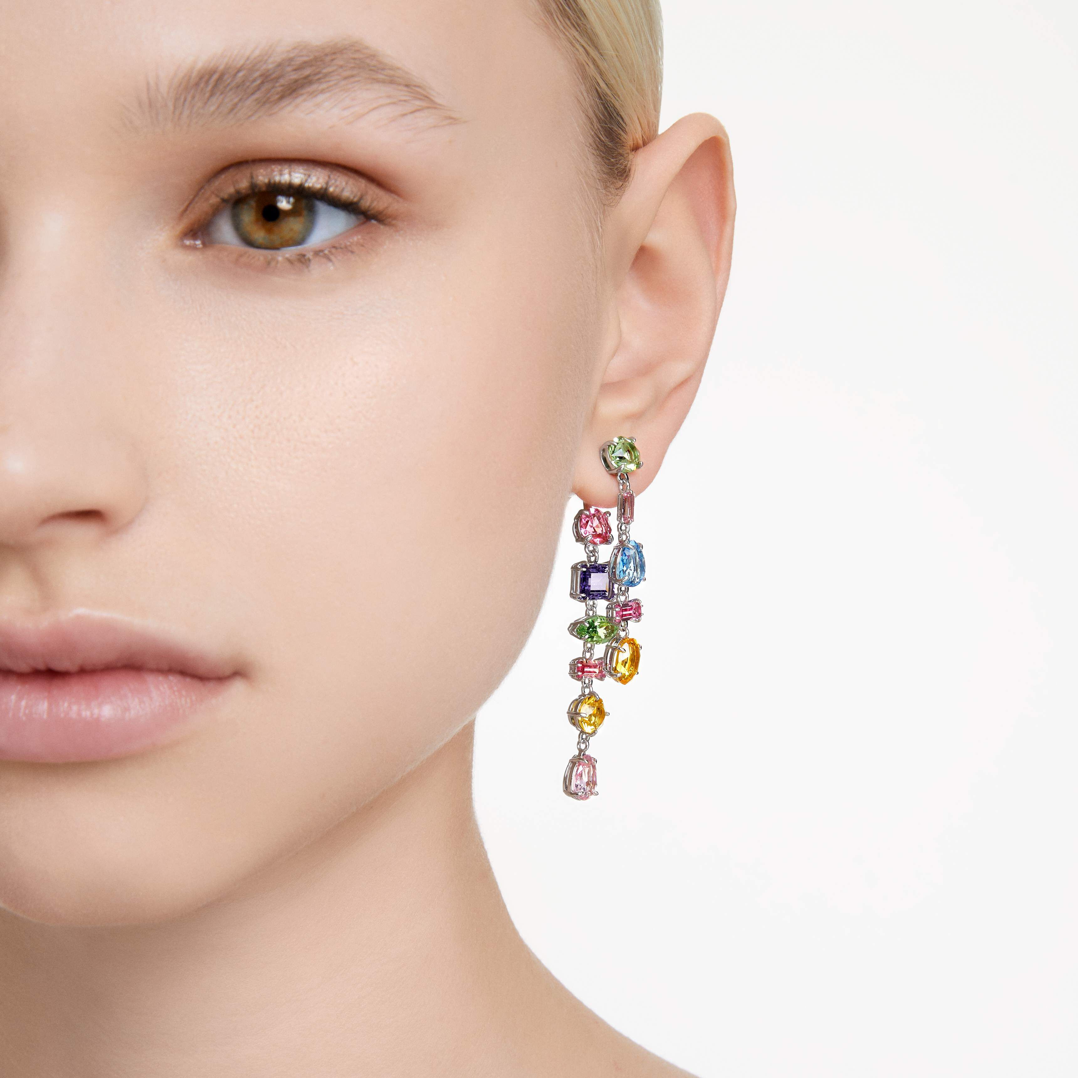 swarovski gema drop earrings  asymmetrical design  mixed cuts  long  multicolored  rhodium plated