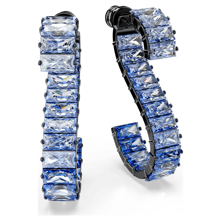 swarovski matrix drop earrings  baguette cut  blue  ruthenium plated