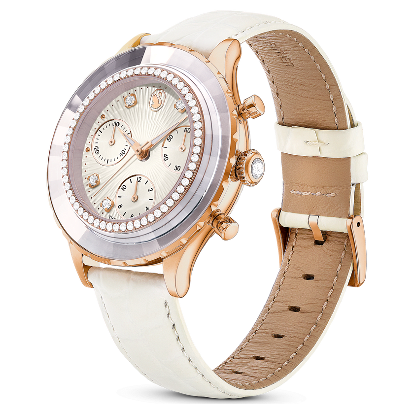 swarovski octea chrono watch  swiss made  leather strap  white  rose gold tone finish