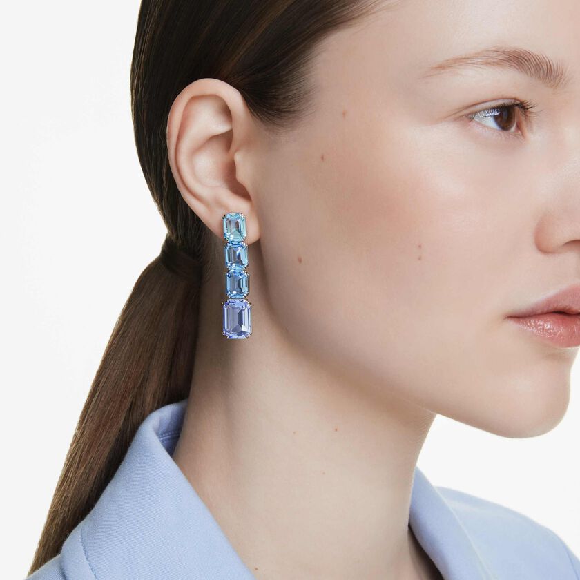 swarovski millenia drop earrings  octagon cut  color gradient  blue  rhodium plated
