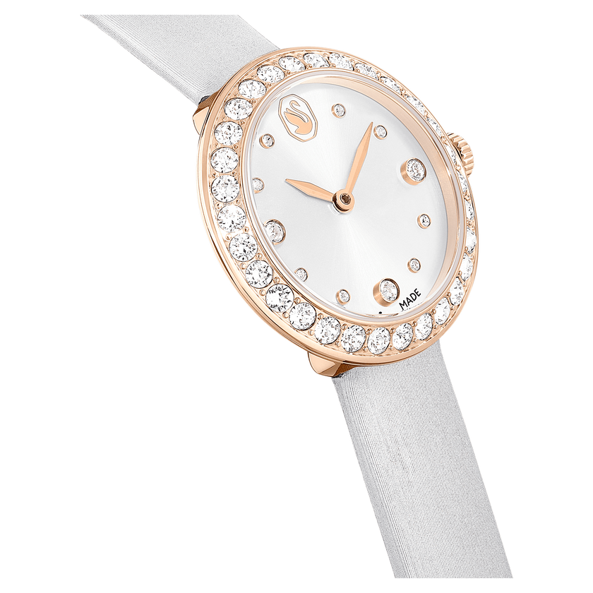 swarovski matrix tennis watch  swiss made  leather strap  gray  rose gold tone finish