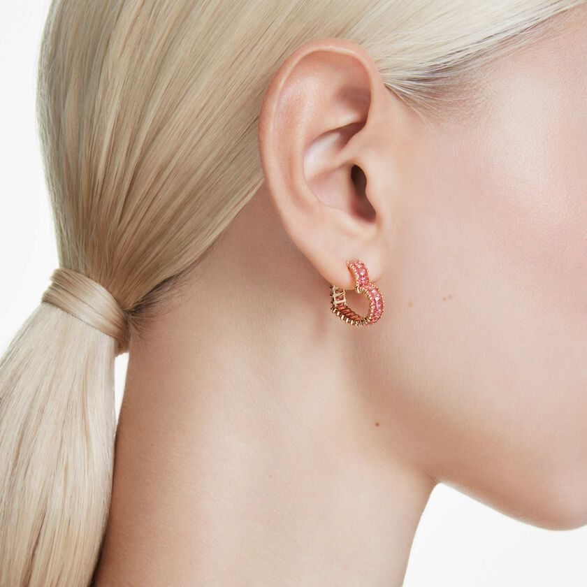 swarovski matrix hoop earrings  baguette cut  heart  small  pink  gold tone plated