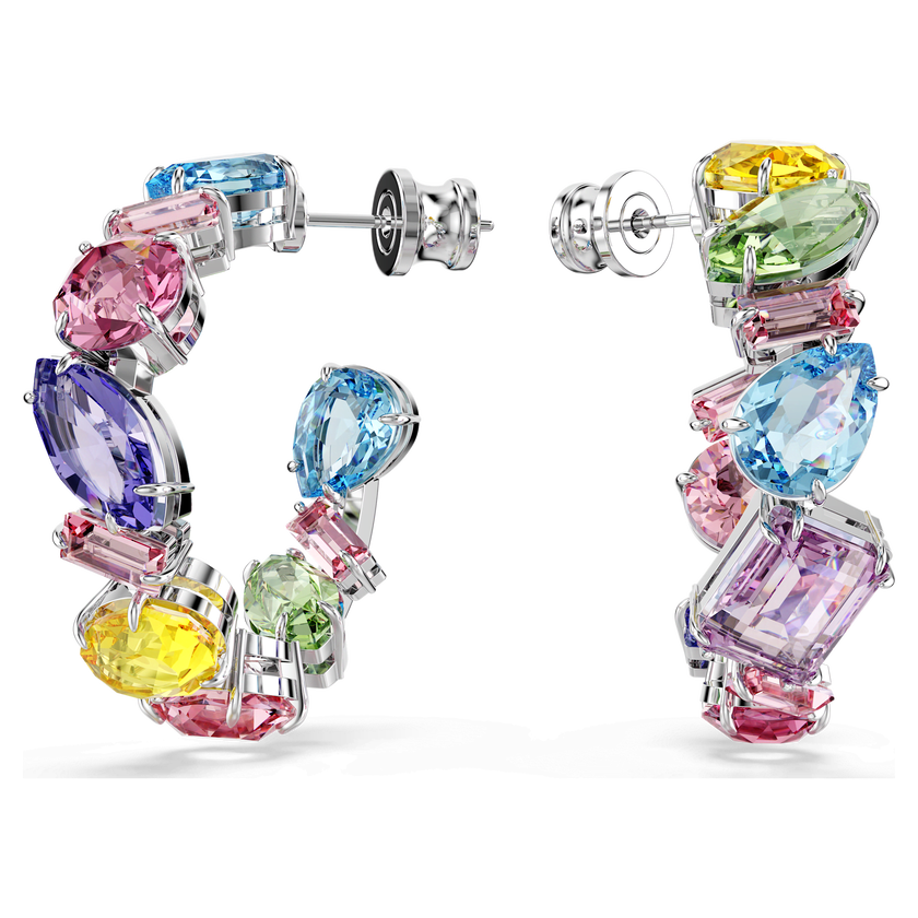 swarovski gema hoop earrings  asymmetrical design  mixed cuts  small  multicolored  rhodium plated