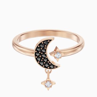 Swarovski Symbolic Moon Motif Ring, Black, Rose-gold tone plated