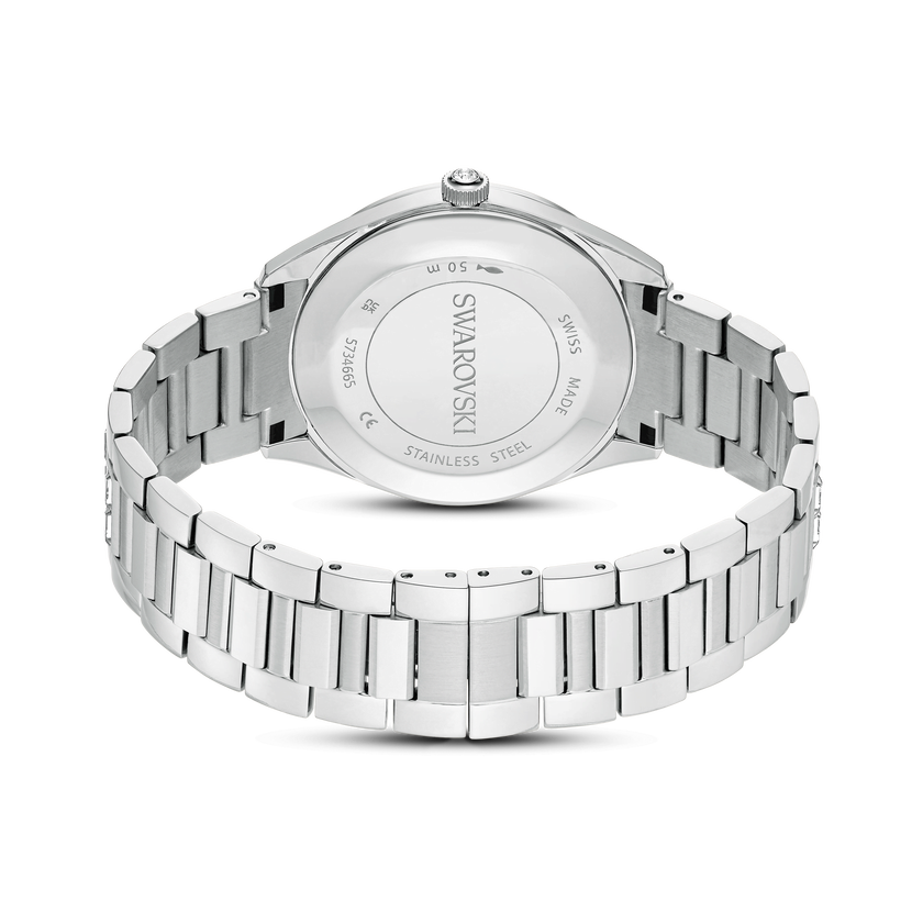 swarovski matrix date watch  swiss made  metal bracelet  silver tone  stainless steel