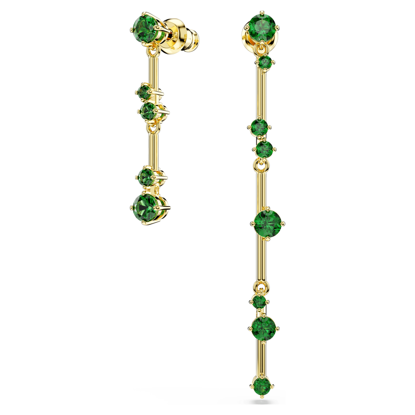 swarovski constella drop earrings  asymmetrical design  round cut  green  gold tone plated