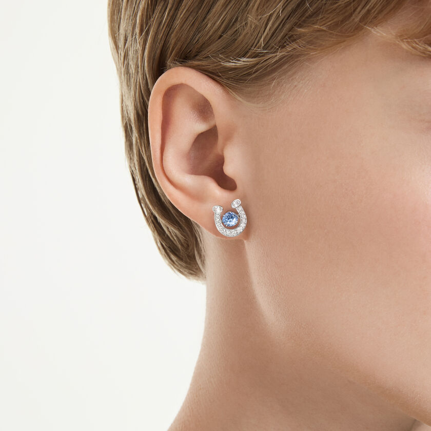 swarovski symbolica stud earrings  round cut  pav   horse shoe  blue  rhodium plated