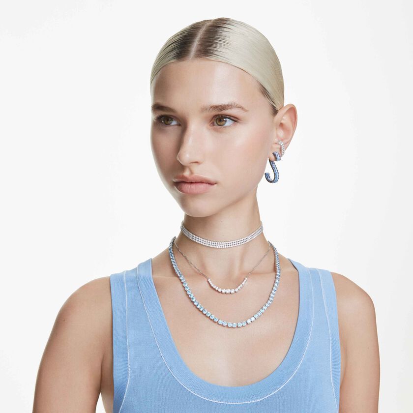 swarovski matrix drop earrings  baguette cut  blue  ruthenium plated