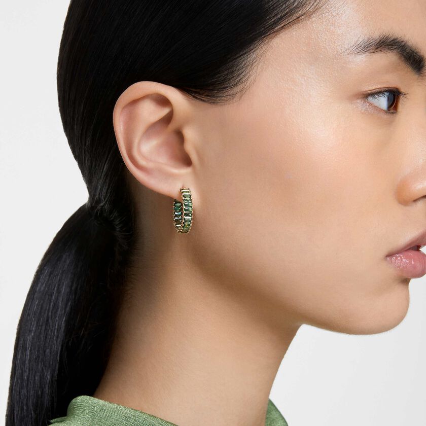 swarovski matrix hoop earrings  baguette cut  green  gold tone plated