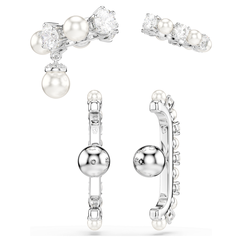 swarovski matrix ear cuff  set  3   crystal pearl  round cut  white  rhodium plated
