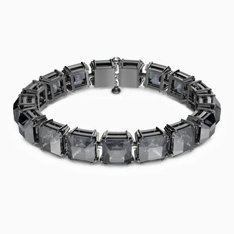 Millenia bracelet, Square cut crystals, Gray, Black Ruthenium plated