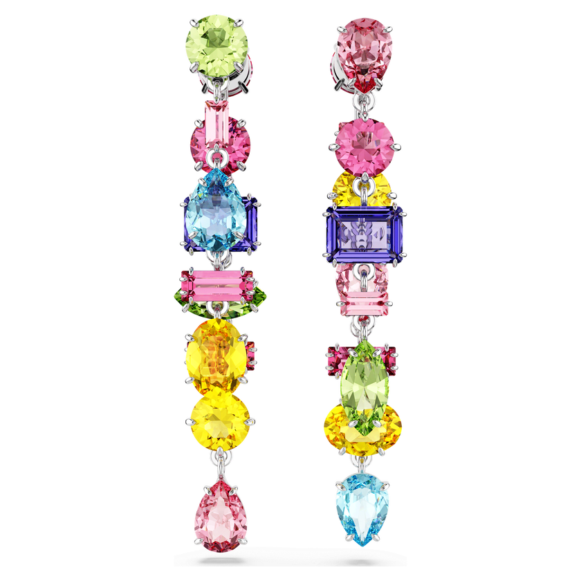 swarovski gema drop earrings  asymmetrical design  mixed cuts  long  multicolored  rhodium plated